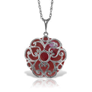 14K. SOLID GOLD NECKLACE WITH CHECKERBOARD CUT ROUND DYED RUBY (White Gold)